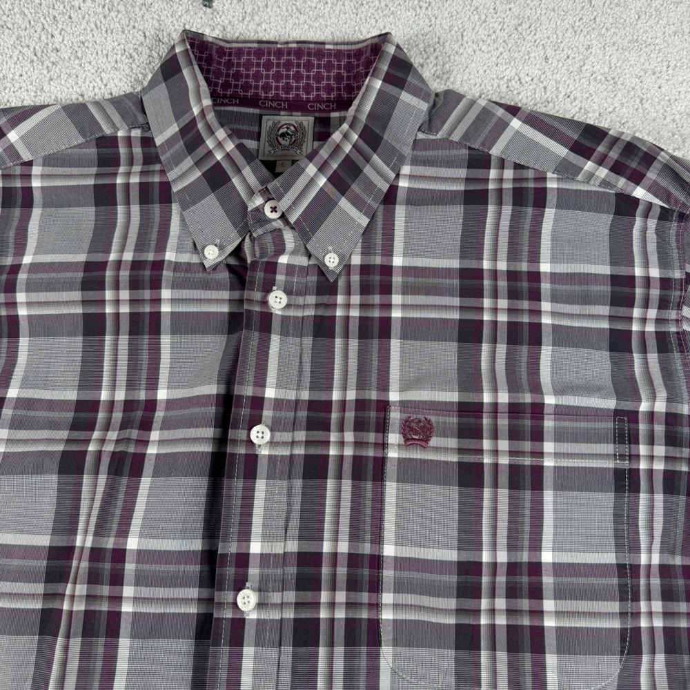 Cinch Button Down Shirt Mens Large Purple Grey Plaid Long Sleeve Western Cotton